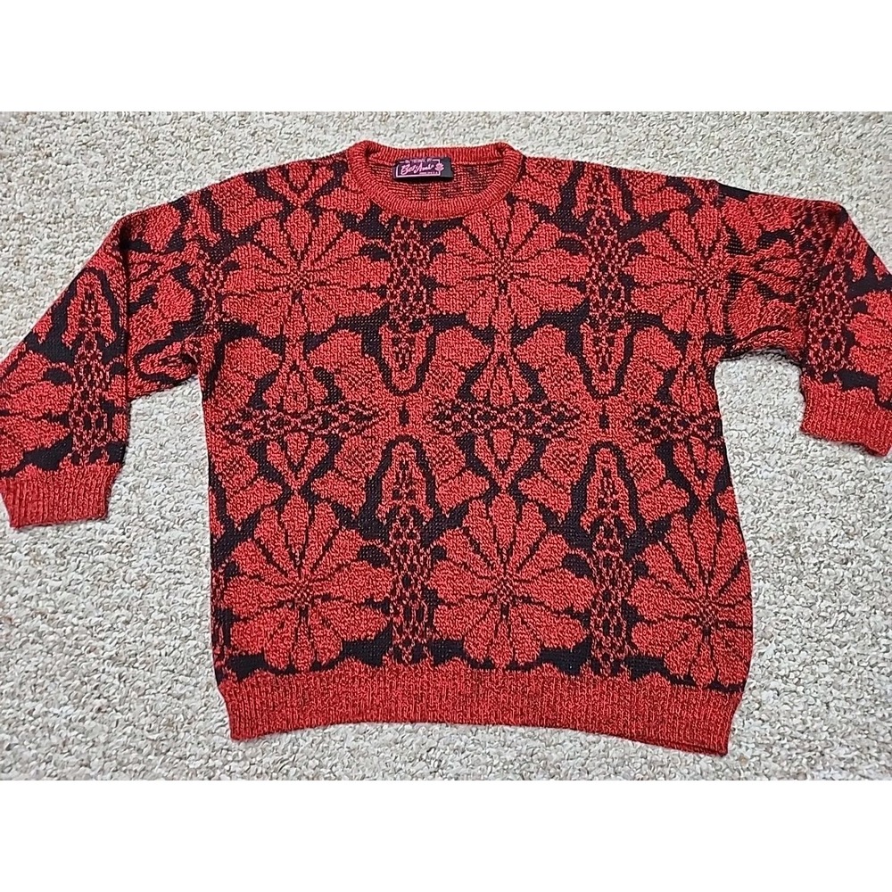 Vintage BEL AMI Red Black Floral Women's Sweater USA No Size Tag Chest 40